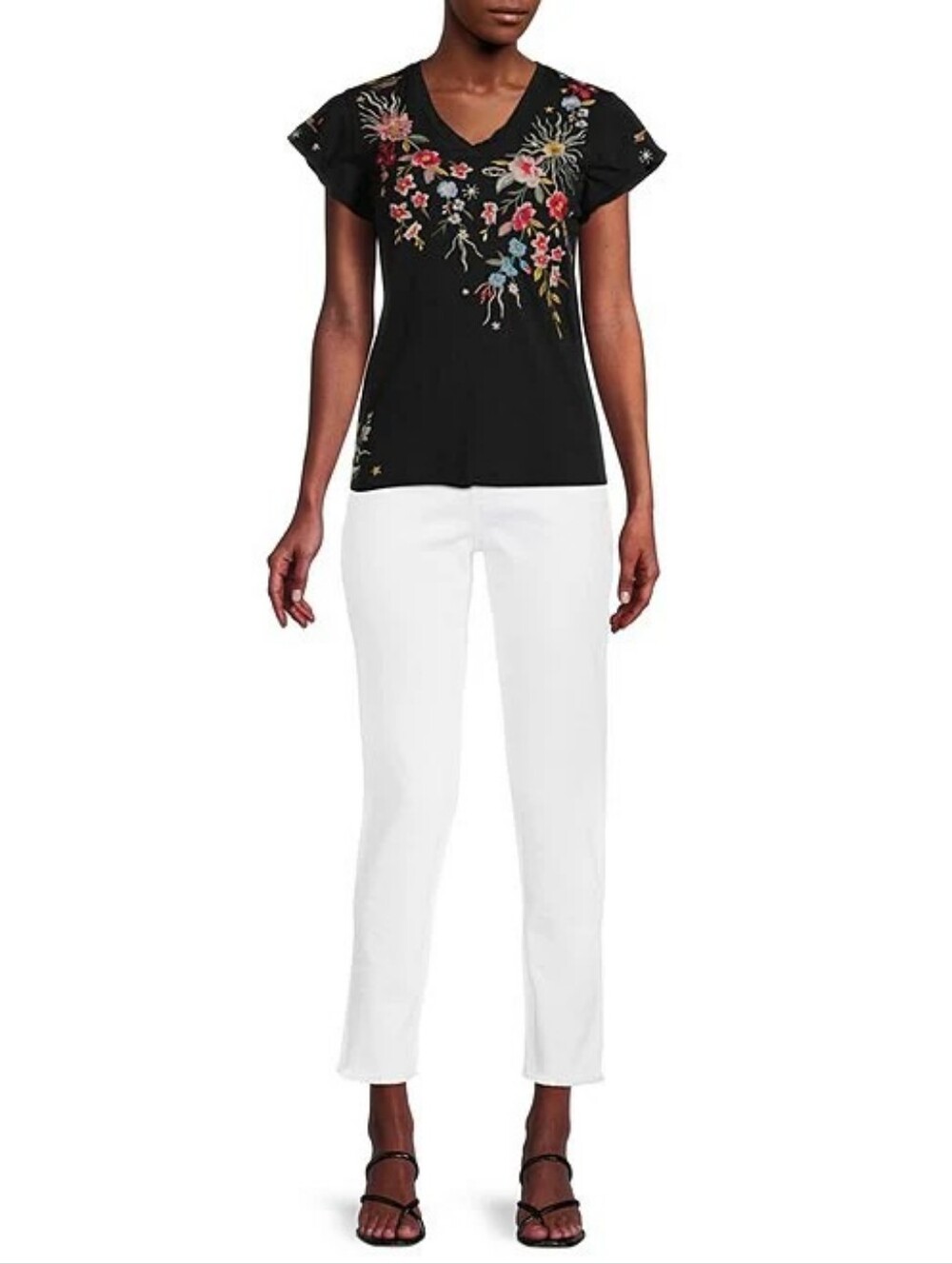 JOHNNY WAS Lissa Embroidered Floral Cotton Knit Jersey V-Neck Flutter Sleeve Top - Picture 3 of 10
